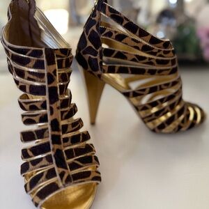 BCBGirls Leopard Print Strappy High Heels with Gold Accents